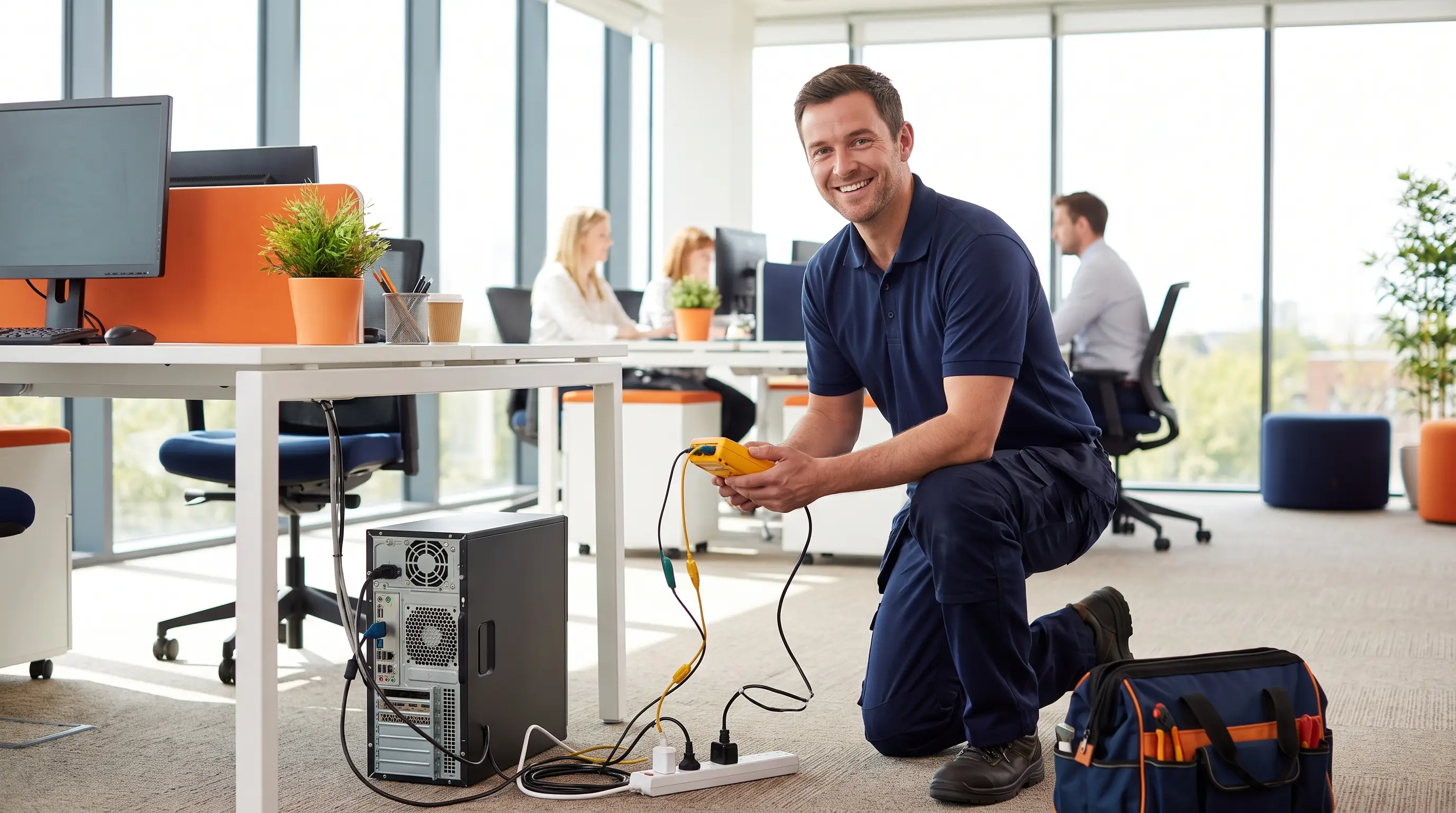 PAT testing engineer testing a computer and extension lead under an office desk in Banbury