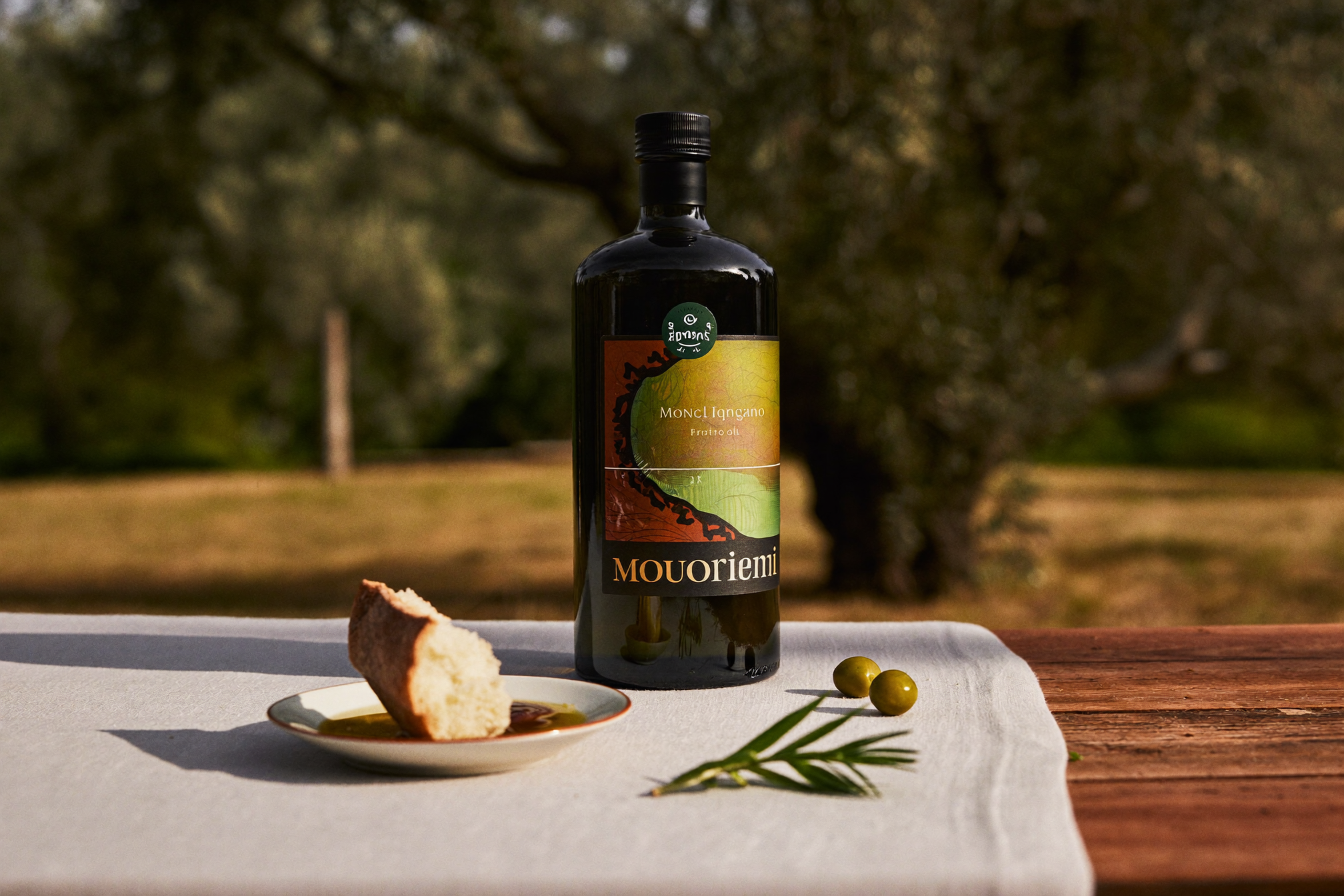 Olijfolie voor gewichtsverlies — Guglielmi Monogram Fruttato fles op witte linnen tafel in Mediterrane tuin
