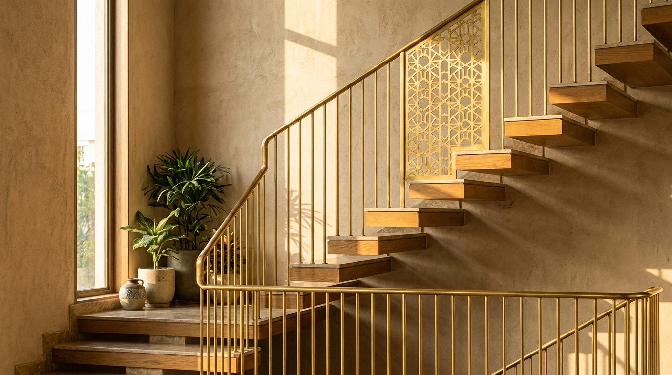 Modern staircase railing design in an Indian home with slim brass balusters, a satin-brass handrail and a CNC-cut brass jaali panel beside a floating staircase