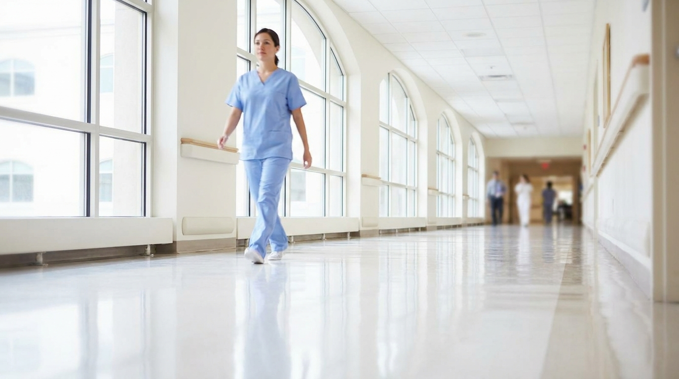 Nurse walking a long hard hospital corridor mid-shift