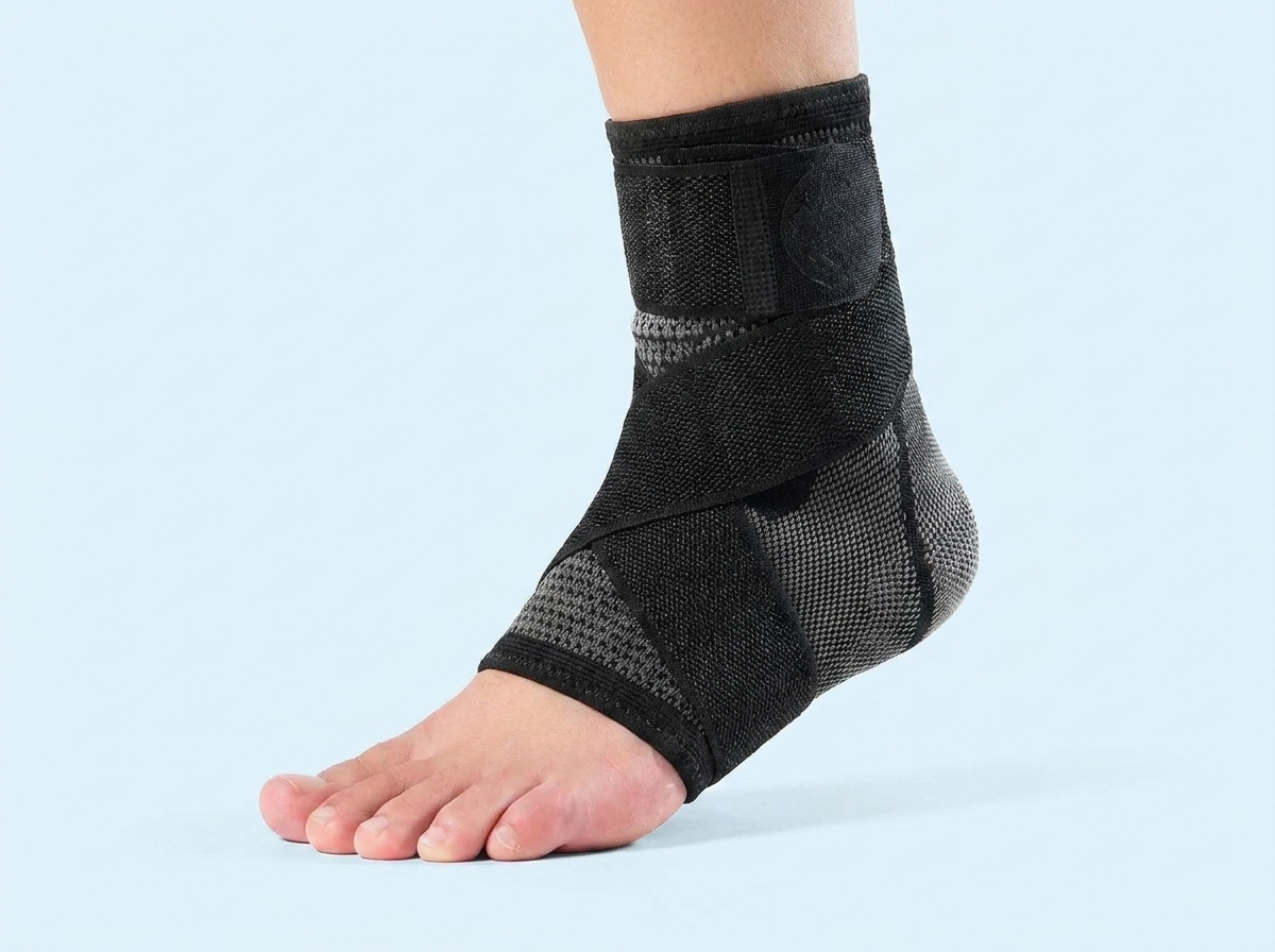 Close-up of the Elavo dual-support compression foot sleeve with arch strap