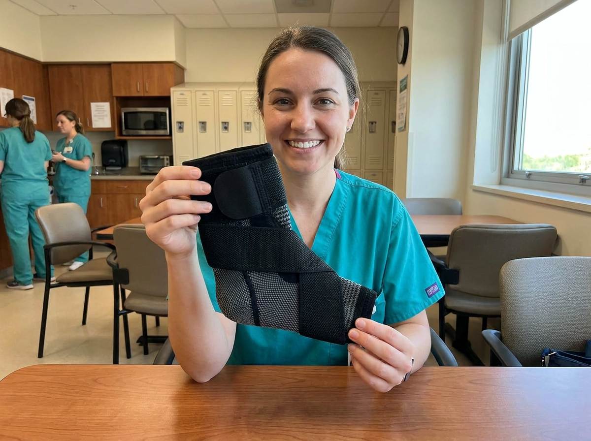 A nurse holding up her Elavo foot sleeve in the break room