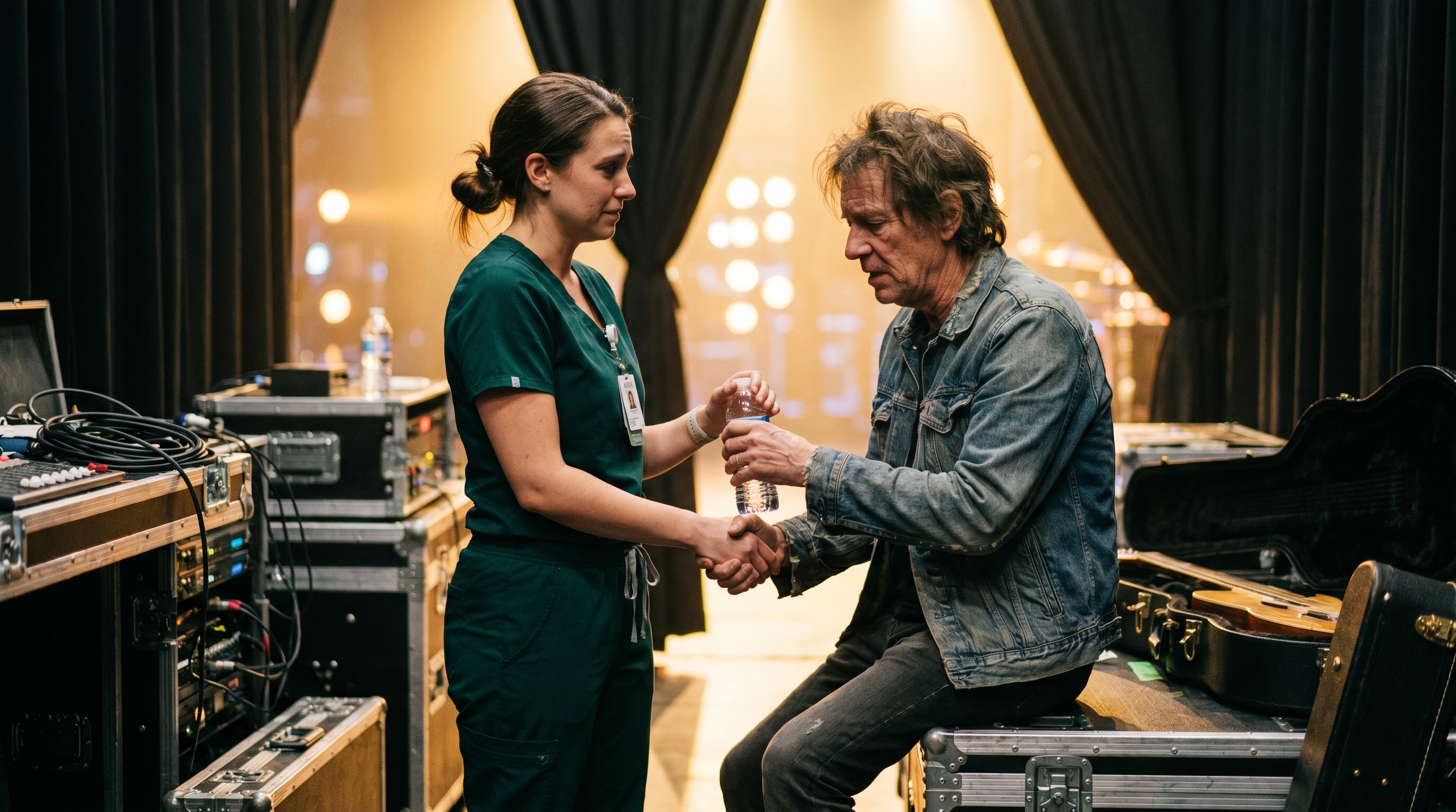 A nurse caring for a musician backstage under warm stage light