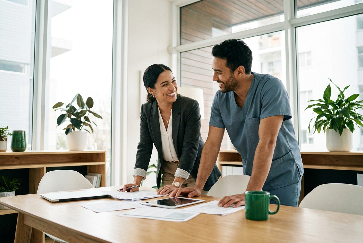 Two healthcare professionals in conversation