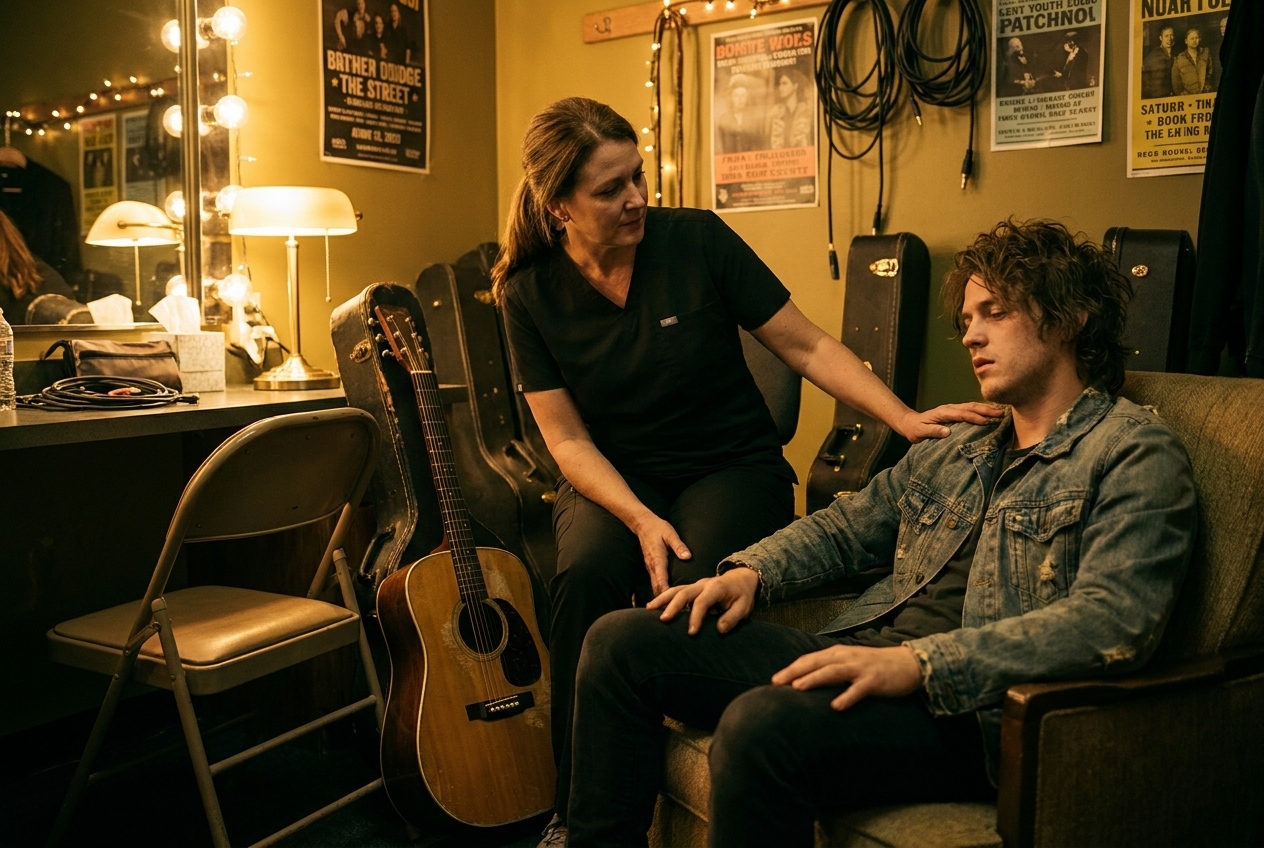 A nurse checking on a tired musician backstage