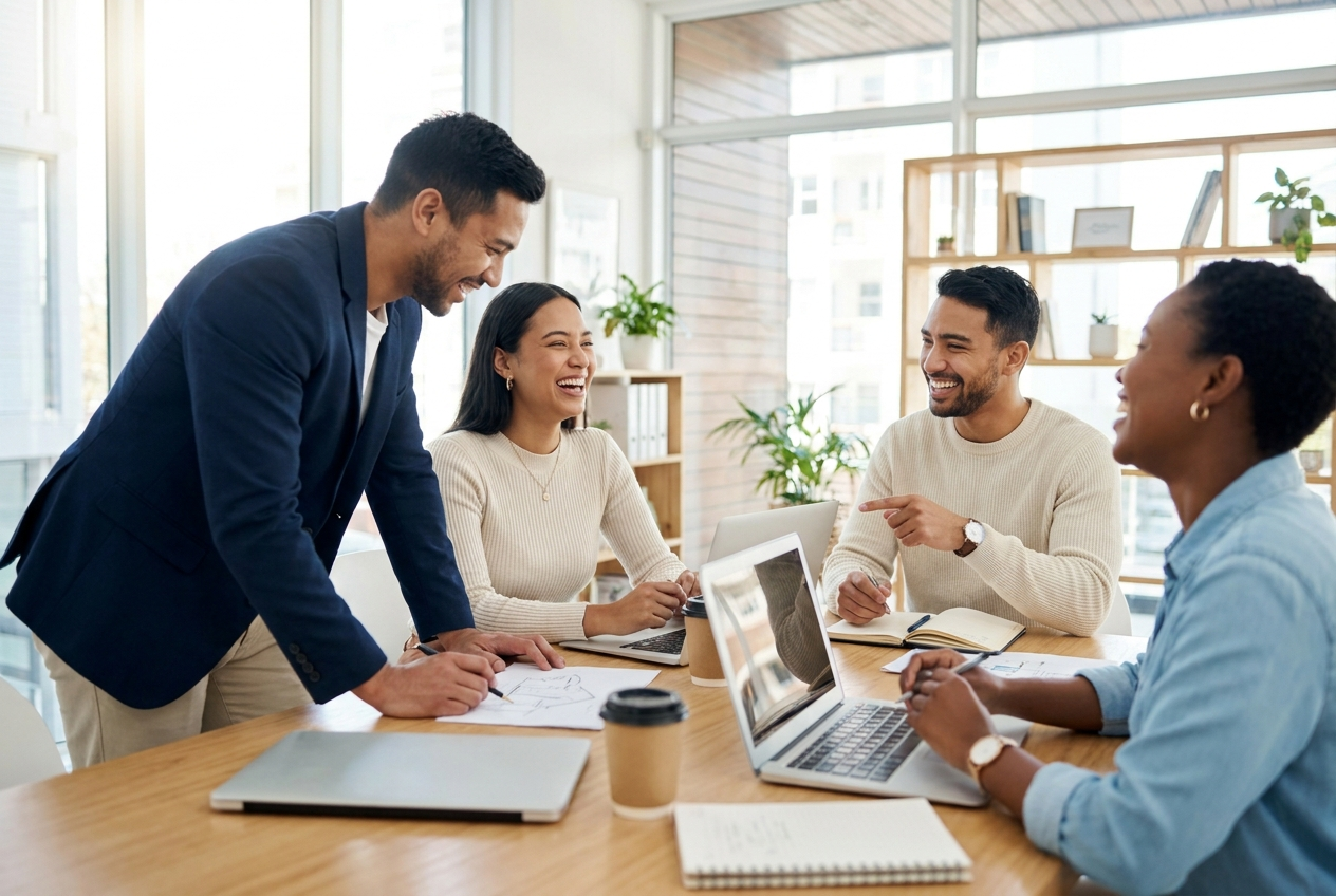 A small business team collaborating in a bright office