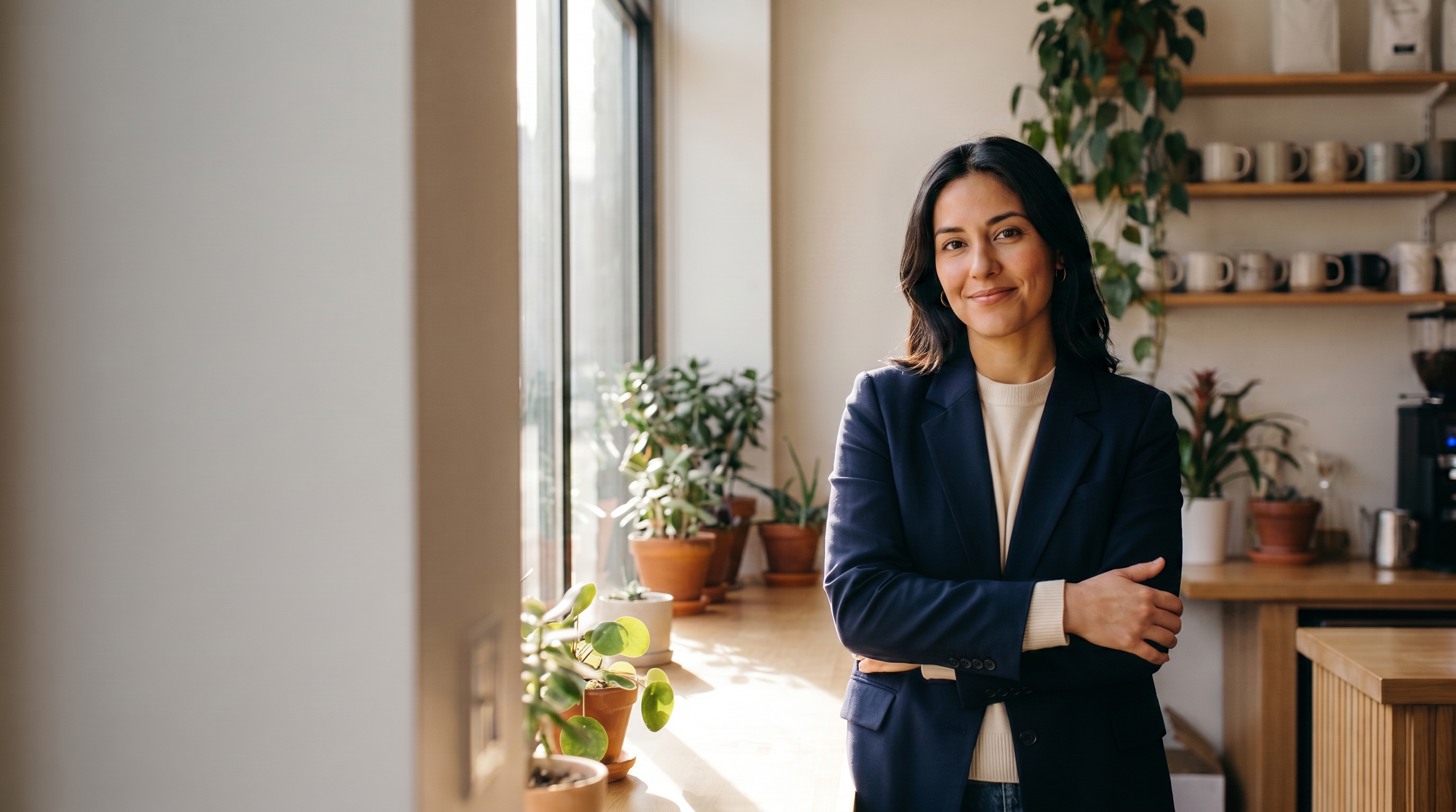 A confident small-business owner in her warm, modern workplace