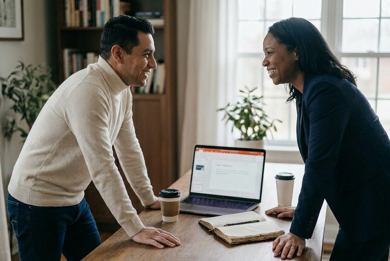 Two colleagues in conversation over a laptop