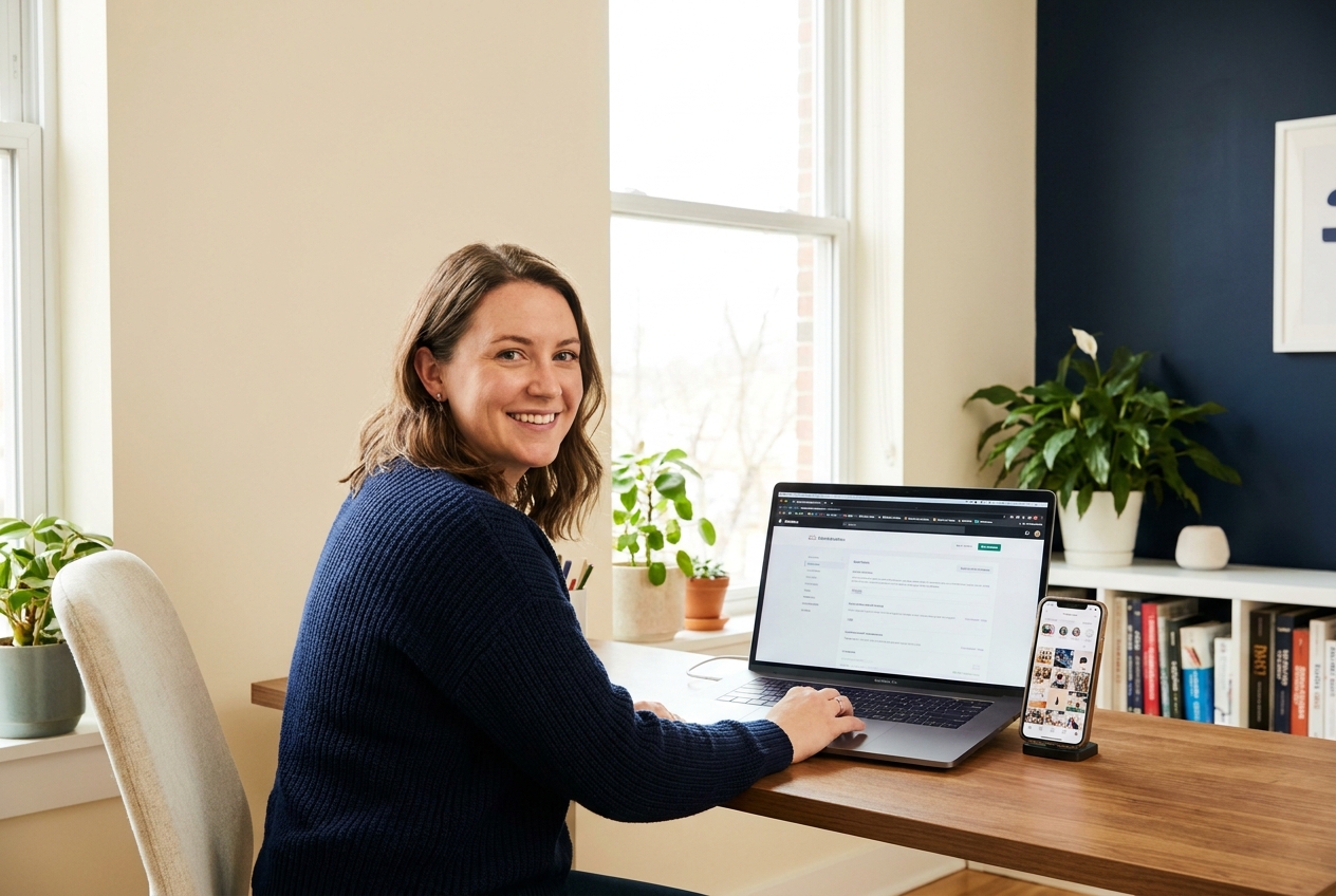 A professional updating a business website and social media