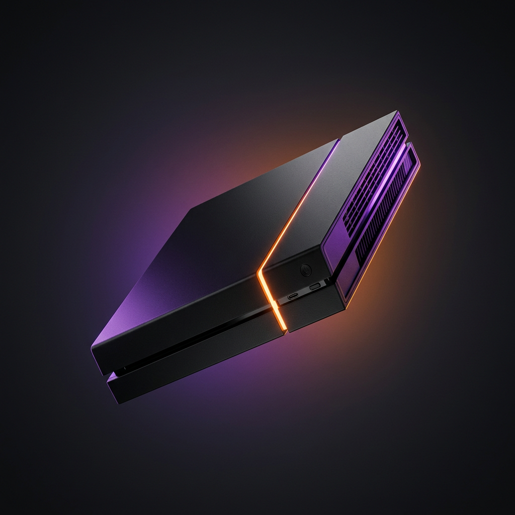 Game console with orange and purple accent lighting