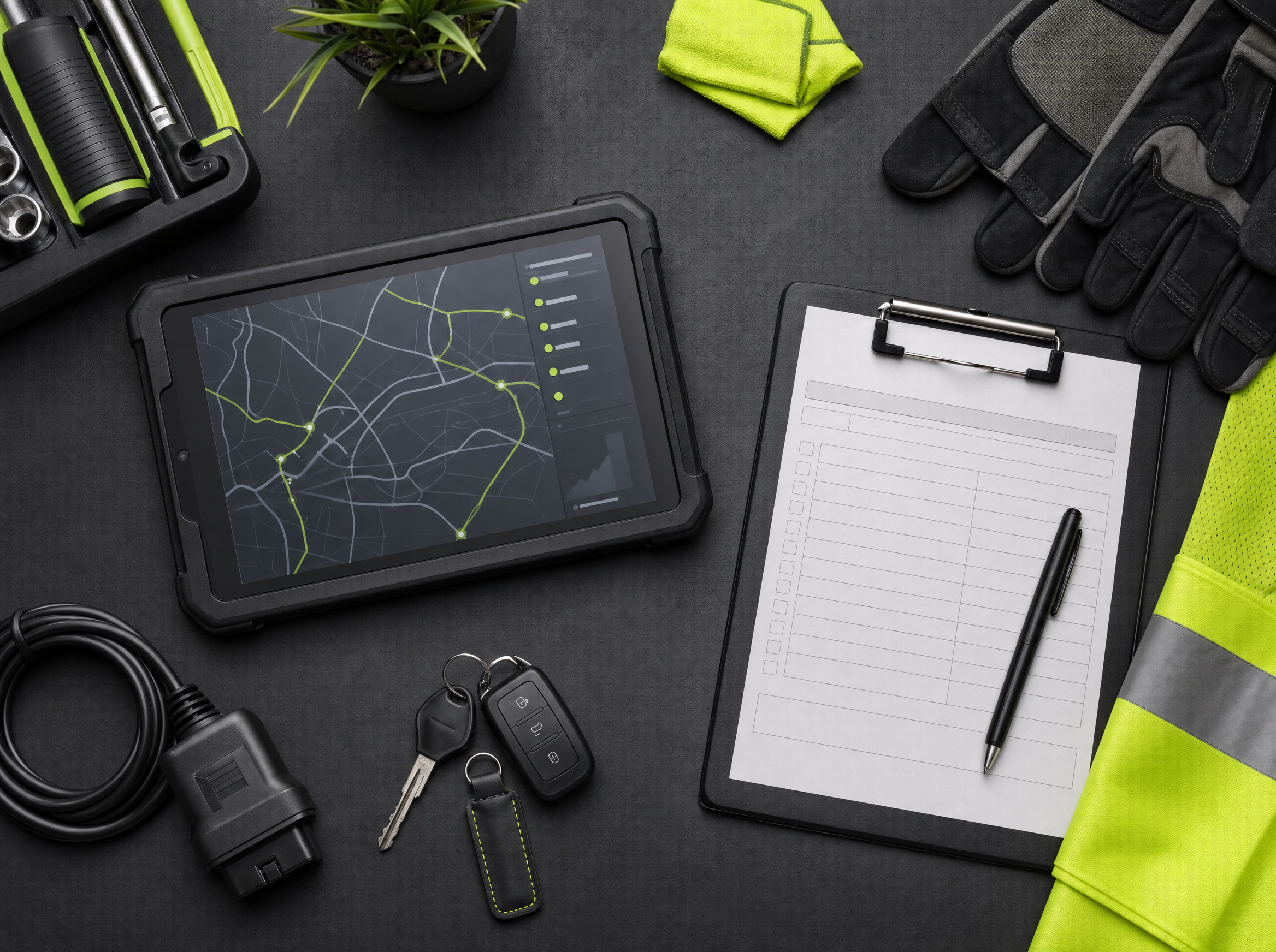 Rugged tablet, diagnostic adapter, keys, gloves, and inspection checklist on a graphite workbench.
