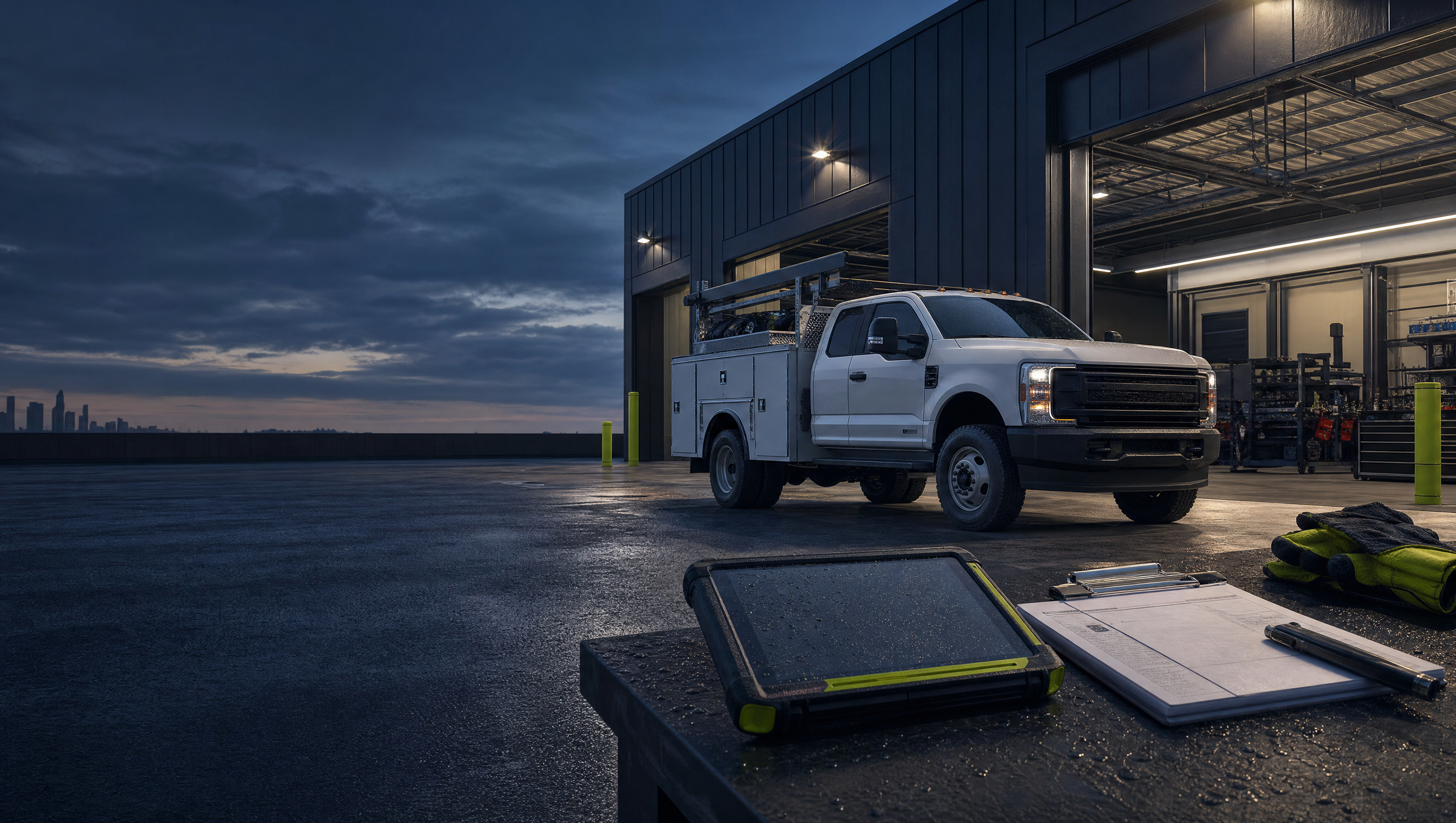 Service truck and rugged field tablet outside a trades workshop at blue hour.