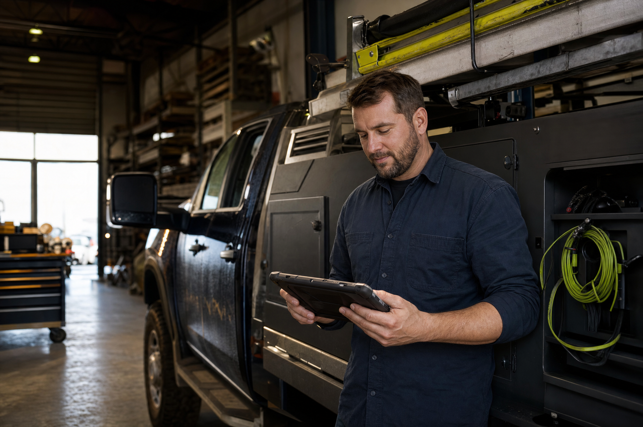 Owner-operator reviewing a rugged tablet beside a service truck in a trades workshop.