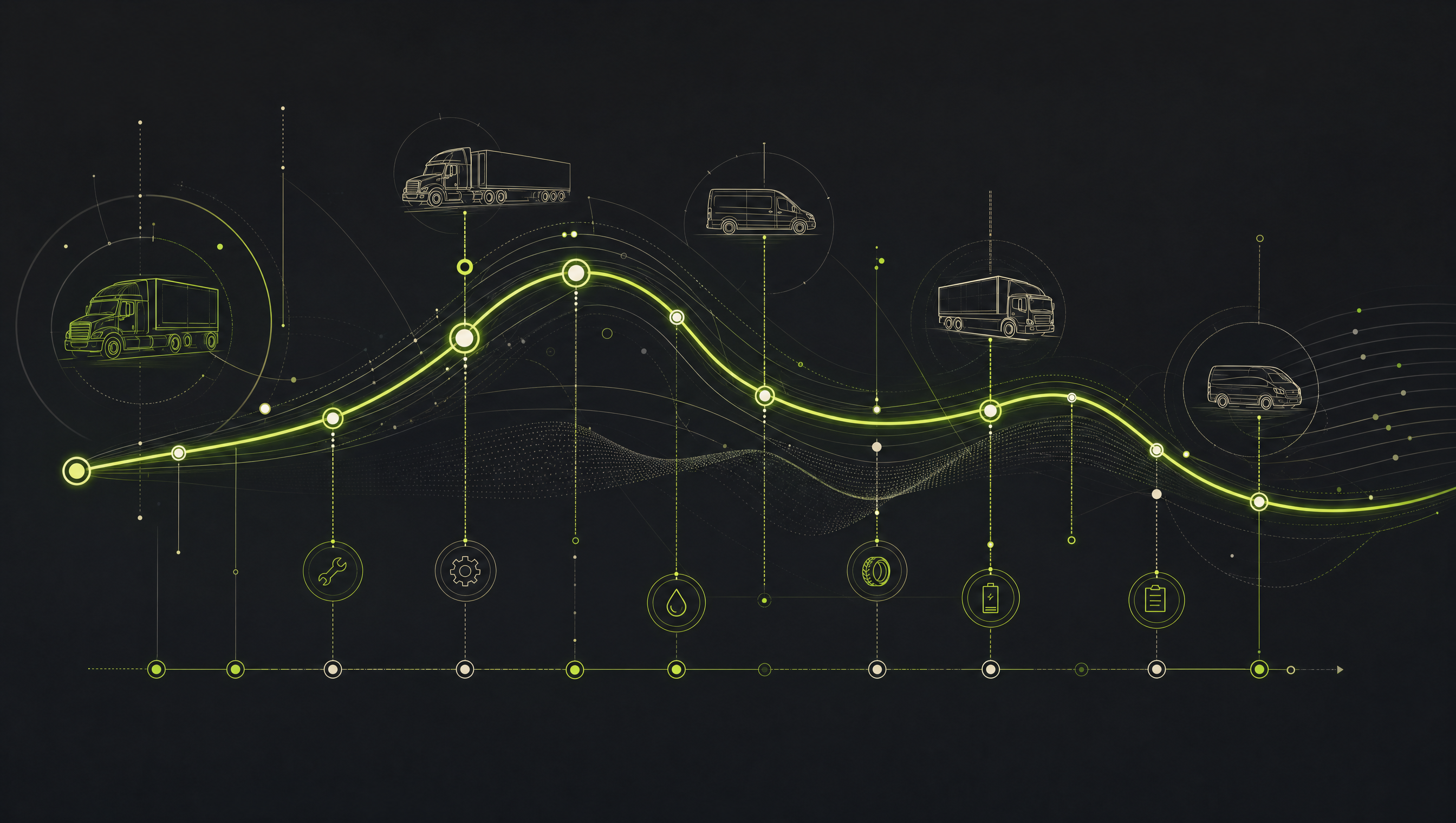Abstract vehicle lifecycle signal graph with connected maintenance milestones on a graphite background.