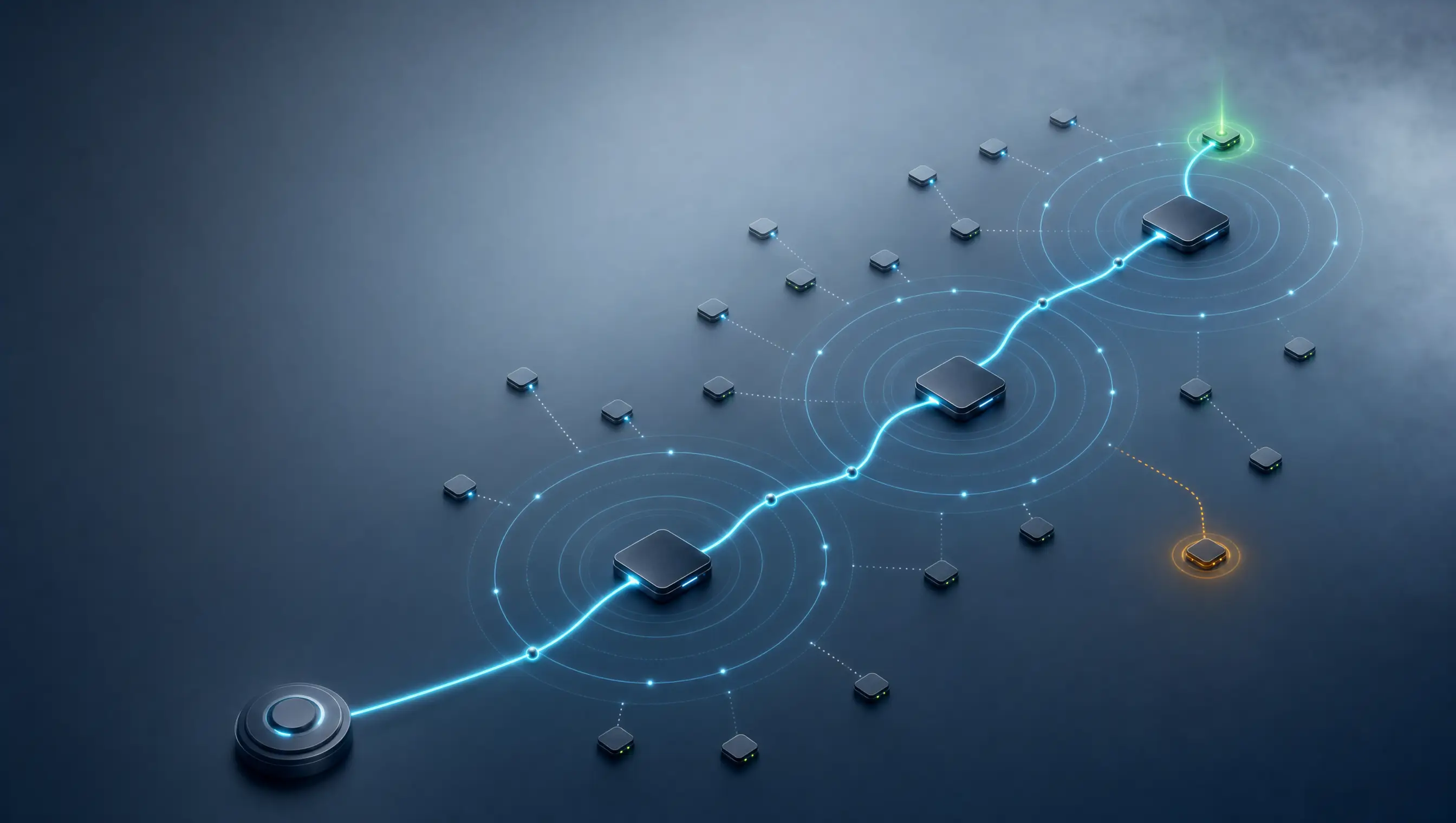 Abstract managed endpoints moving through controlled rollout rings with health and rollback signals.