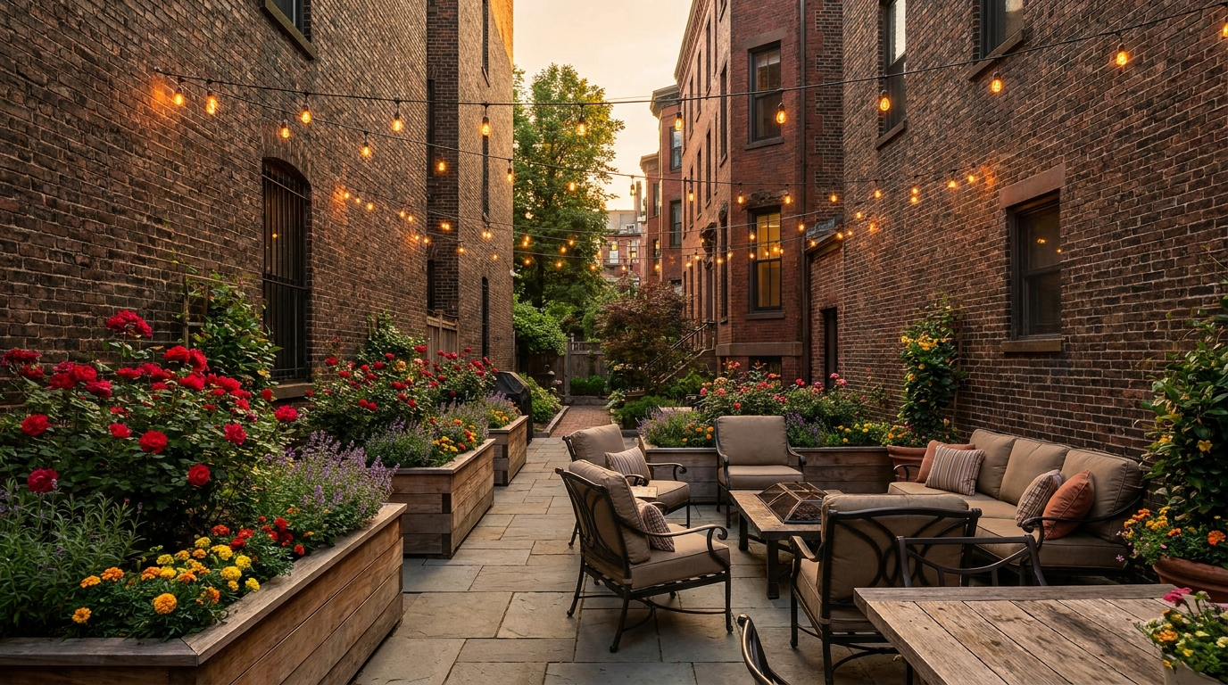 Back Bay brick courtyard patio with raised garden beds and string lights Boston