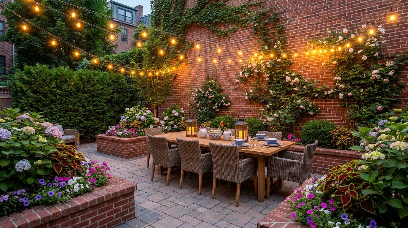 Custom paver patio with raised garden beds and string lights urban Boston backyard