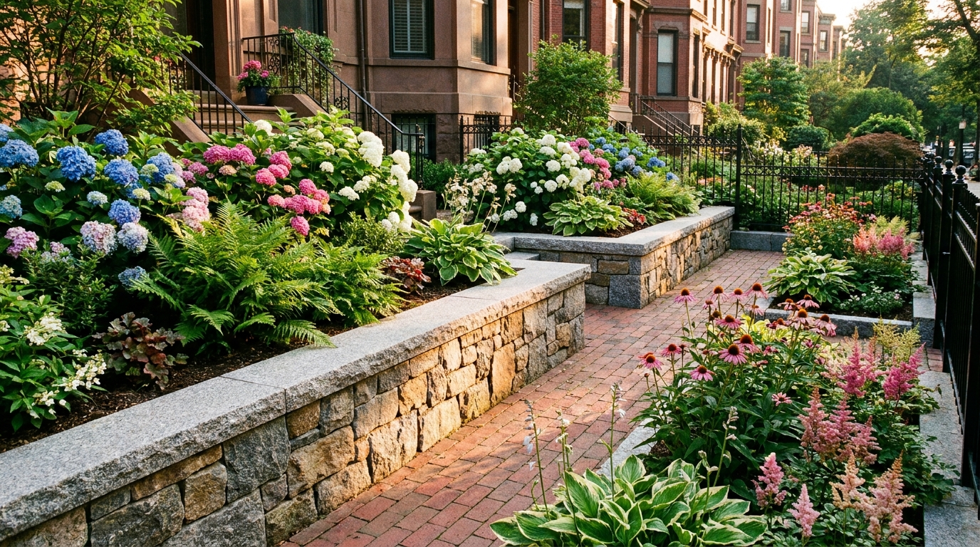 Natural stone retaining wall with colorful perennial planting beds Boston hardscape
