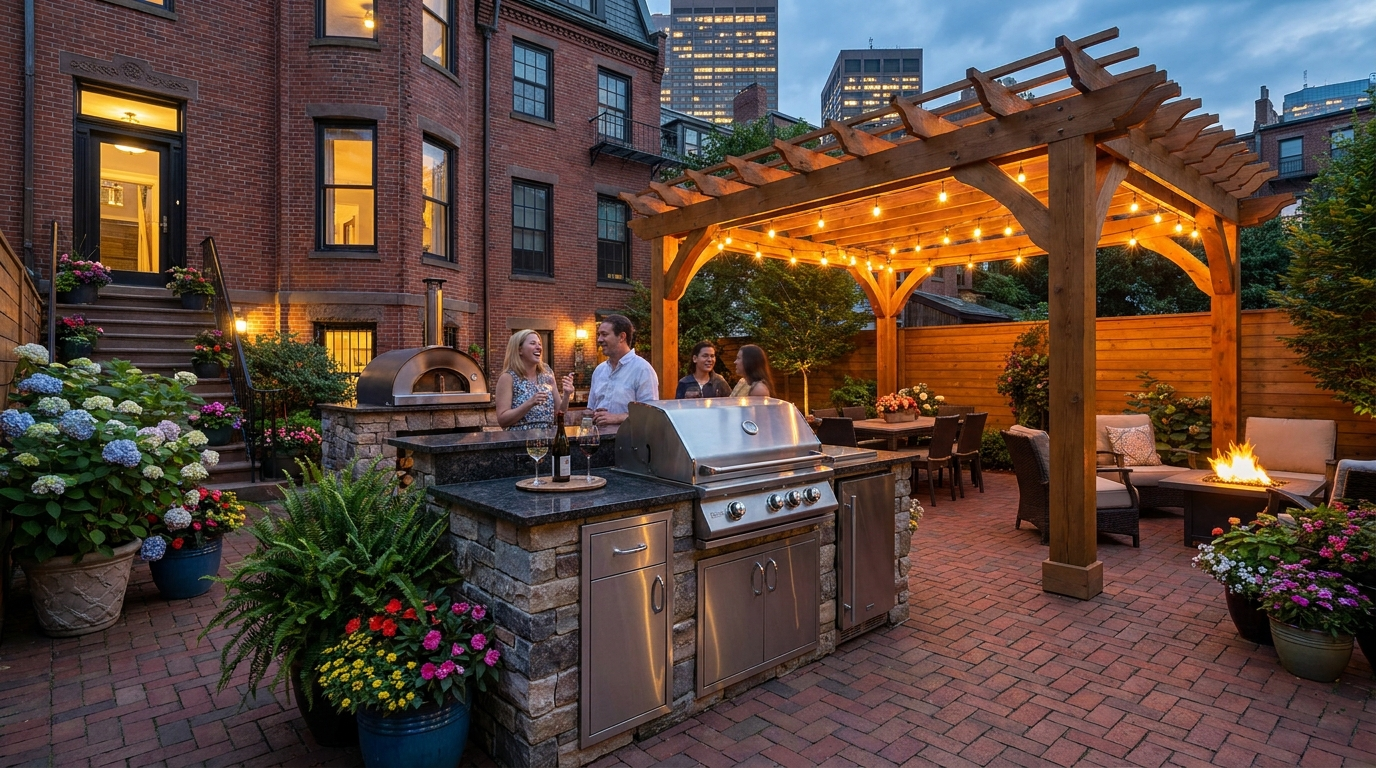 Custom outdoor kitchen and living space with brick paver patio and pergola in Boston backyard