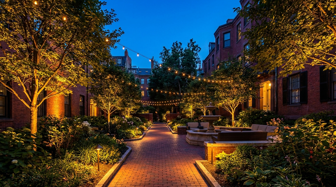 Professional landscape lighting at twilight Boston patio design