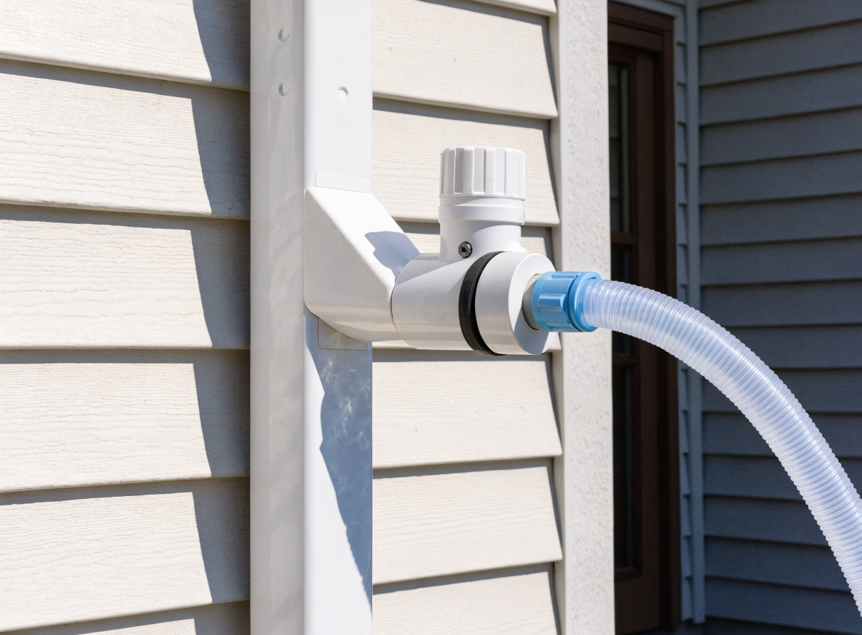 Downspout diverter installed on house downspout — flexible hose routes rainwater to collection barrel