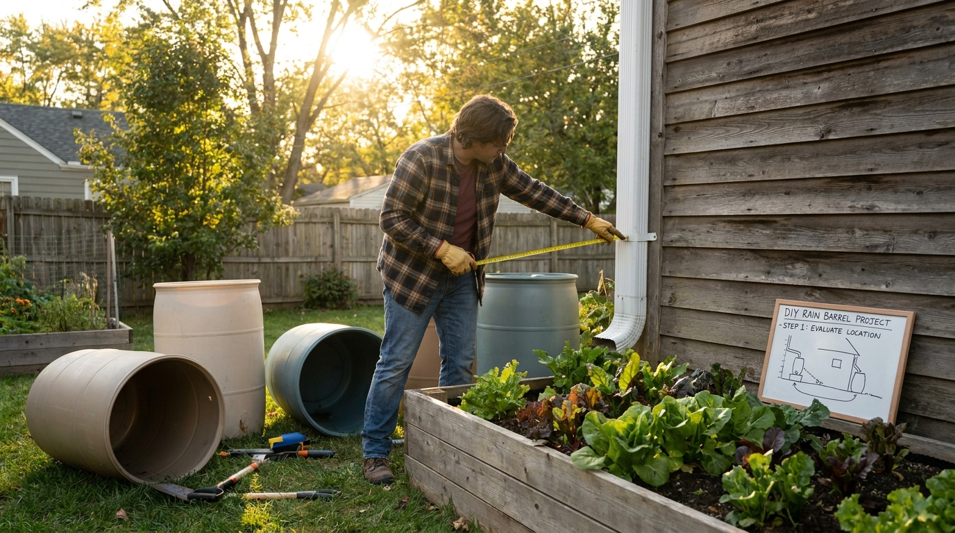 Person evaluating downspout location in backyard — pointing at gutters to assess ideal rain barrel placement