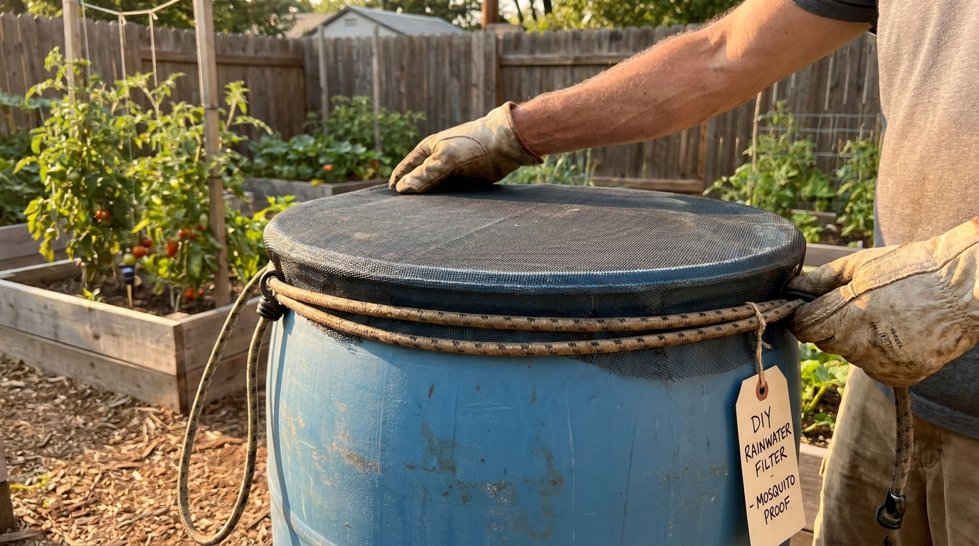 Hands securing window screen mesh over rain barrel top with bungee cords — prevents mosquito breeding in collected water