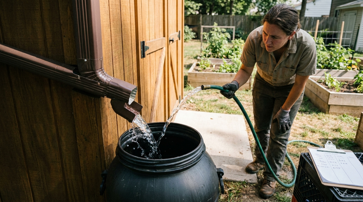 Person testing rain barrel system — water flowing into barrel through downspout diverter during hose test