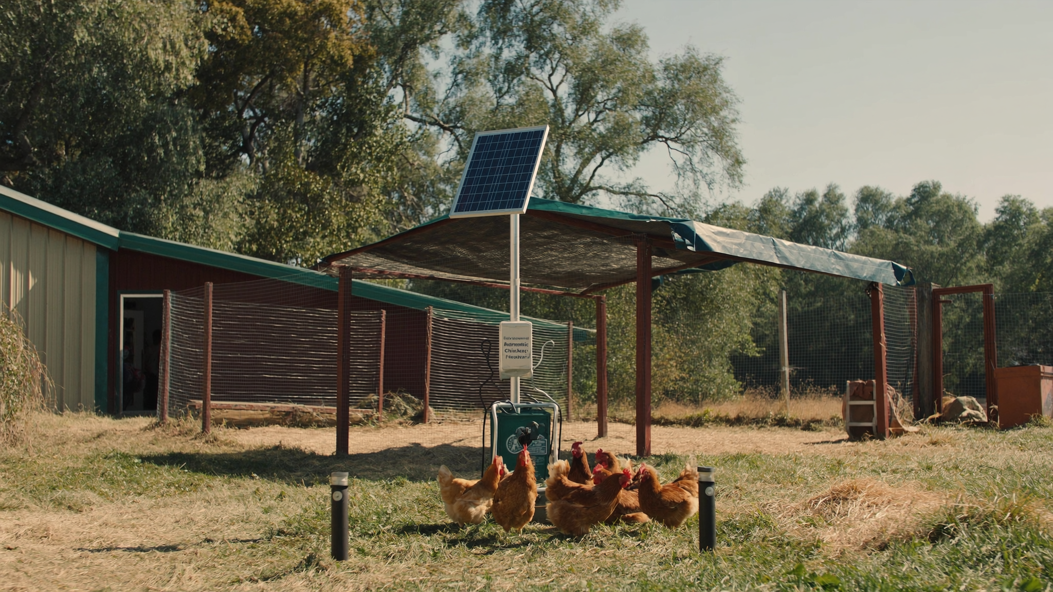Solar-powered automatic chicken feeder mounted on a backyard coop with solar panel on the roof