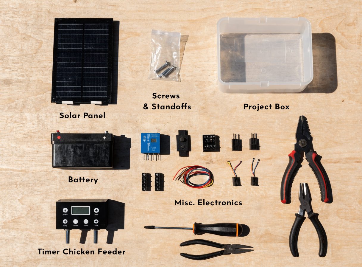 All components for the solar chicken feeder project laid out on a workbench, including solar panel, battery, timer feeder, and project box