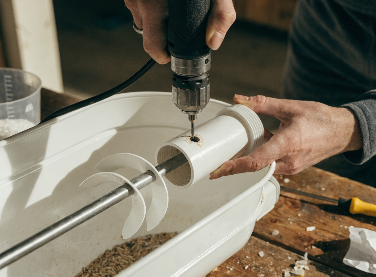 Large PVC pipe feeder container with auger attachment being assembled on a wooden workbench