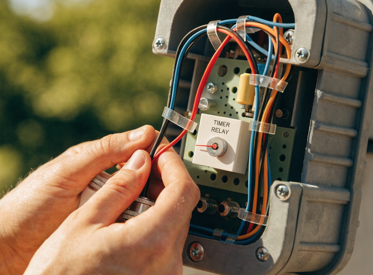 Timer module being installed inside a weatherproof project box connected to battery terminals