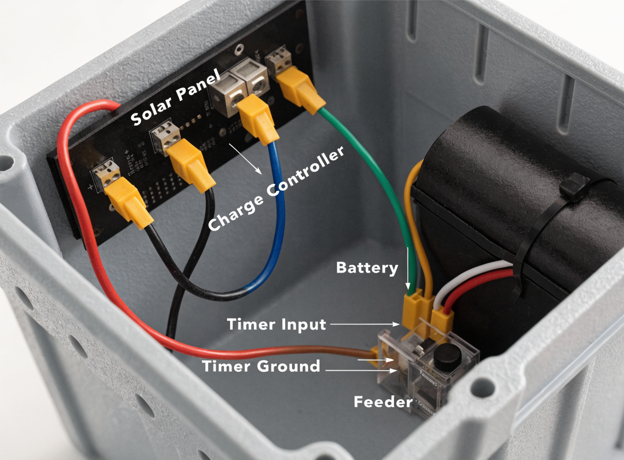 Wiring diagram showing solar panel, charge controller, battery, and feeder motor connected inside a labeled project box