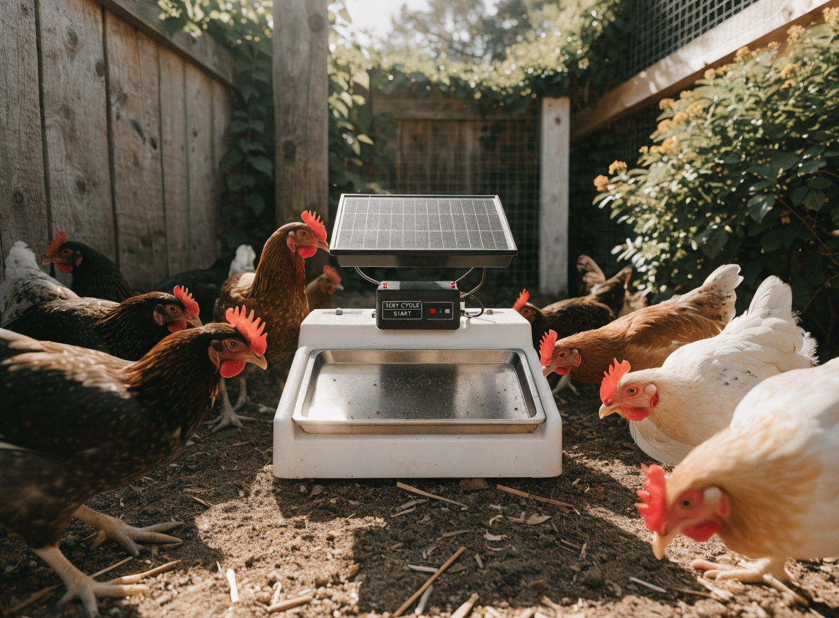 Chickens gathering around the automatic feeder tray during a test dispense cycle in a backyard coop setting