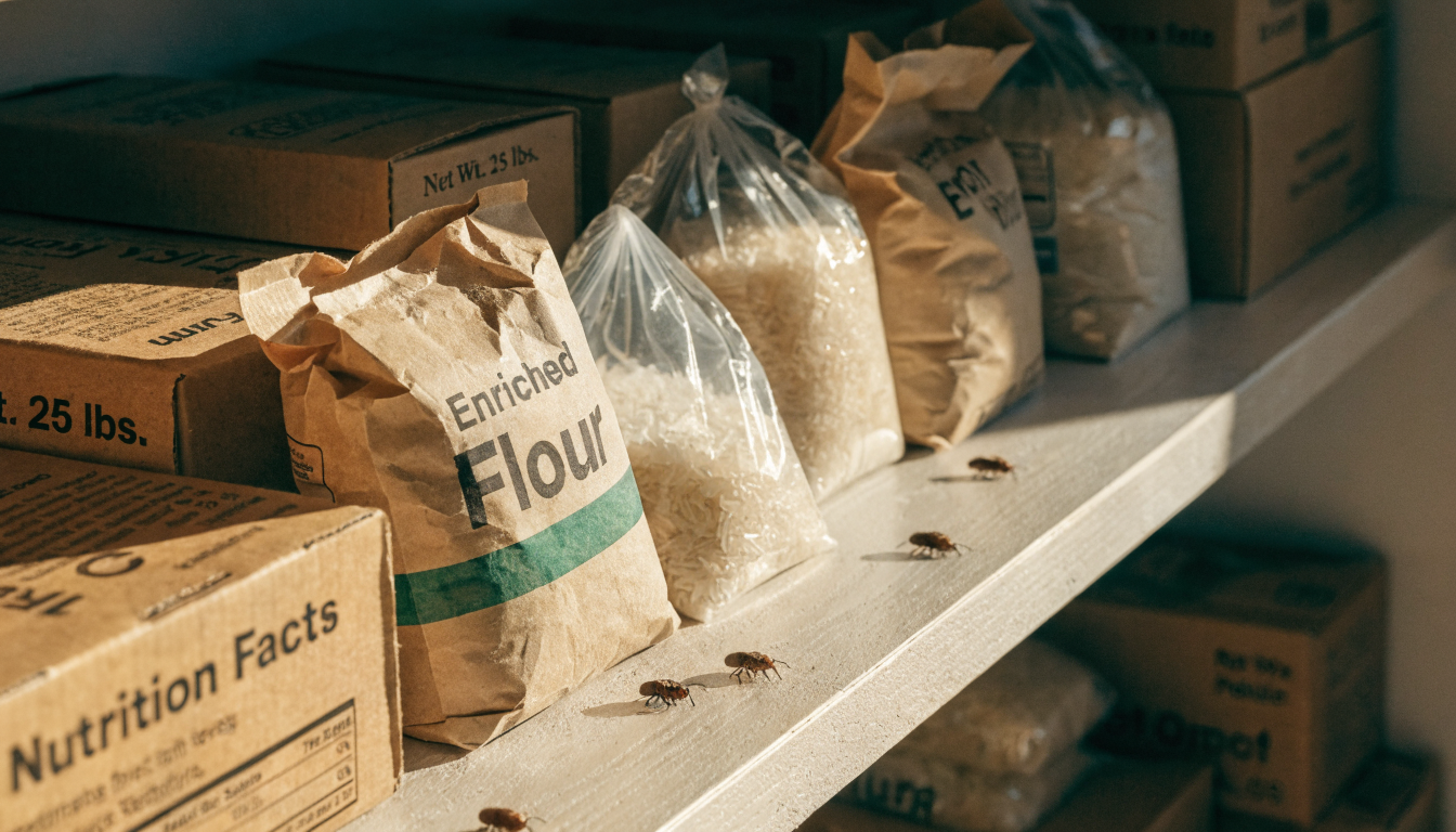Original grocery store packaging on pantry shelf — vulnerable to pests and oxygen