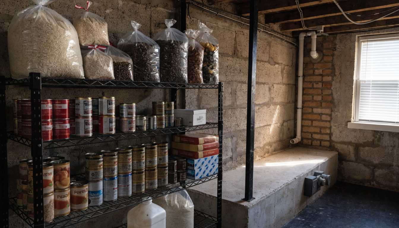 Food storage shelf fully stocked but with no water containers