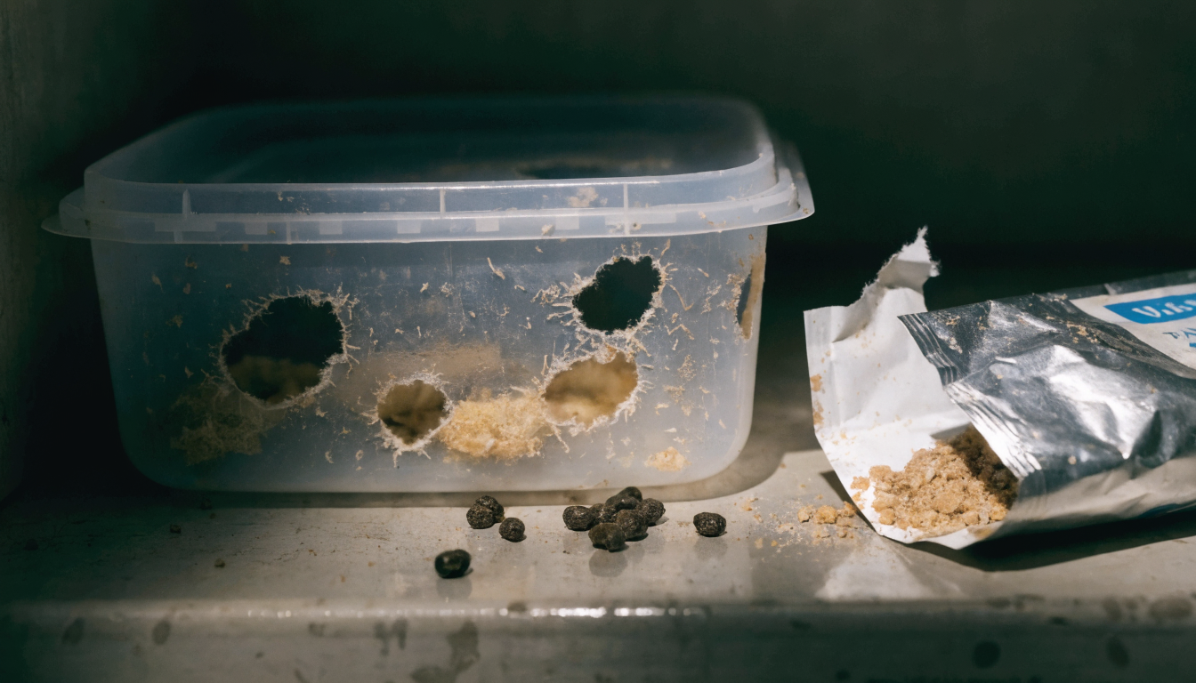 Plastic storage container with rodent gnaw holes — mouse damage to food supply