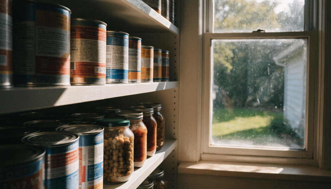 Pantry shelves exposed to direct sunlight causing UV damage to food