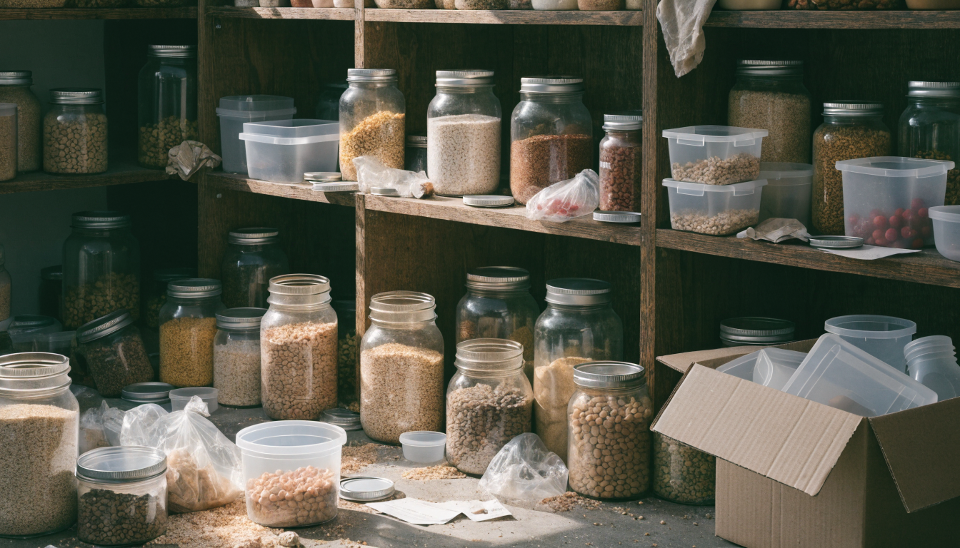 Unlabeled food storage containers with no dates or inventory system