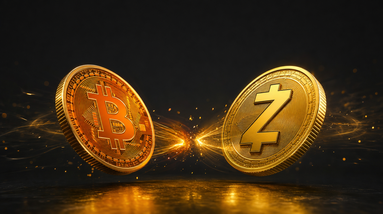 Bitcoin and Zcash coins clashing in a cinematic face-off