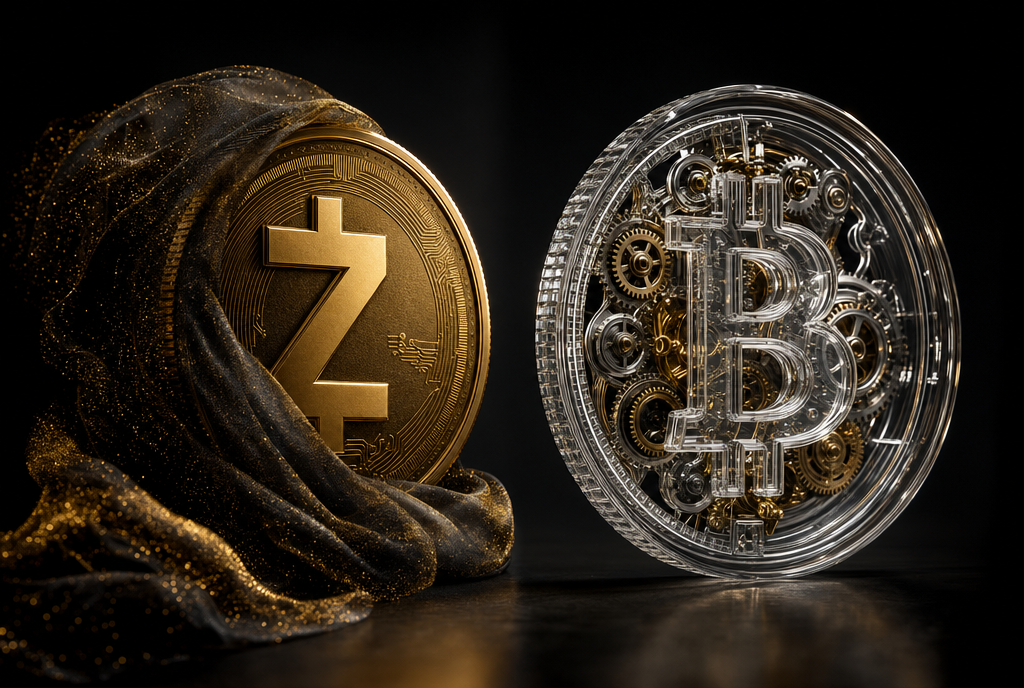 Gold Zcash coin veiled in shadow beside a transparent glass Bitcoin coin