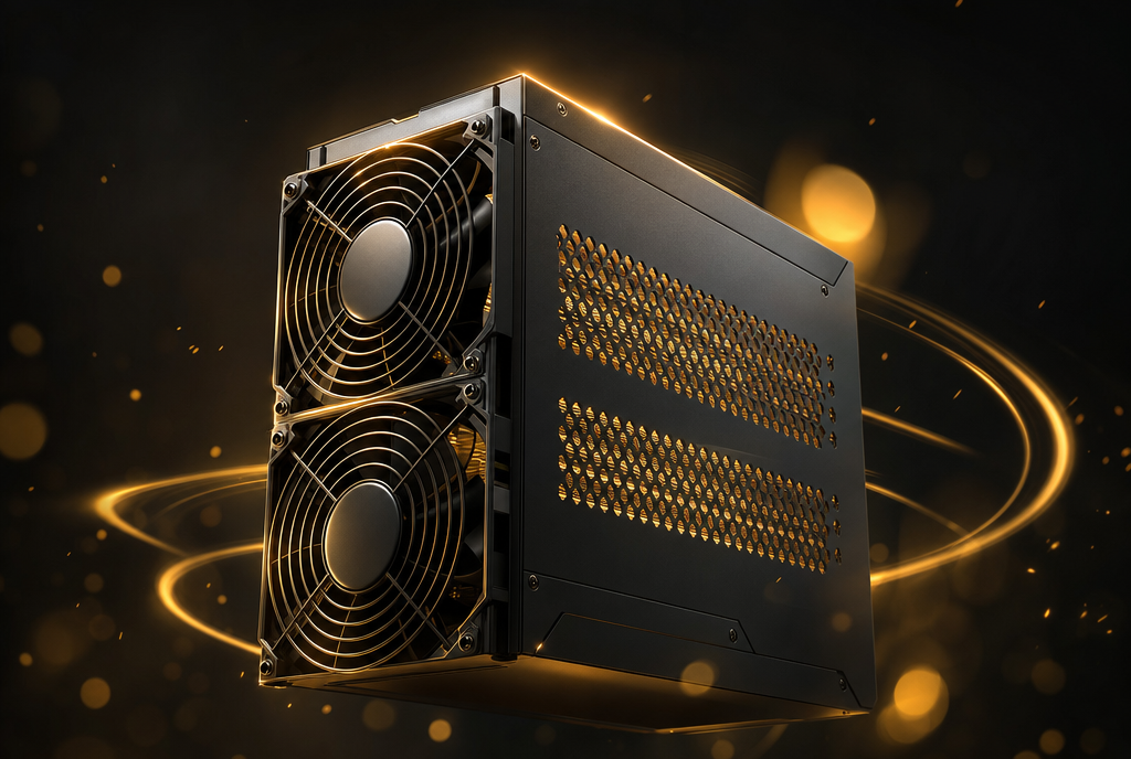Premium crypto mining ASIC machine with glowing gold vents