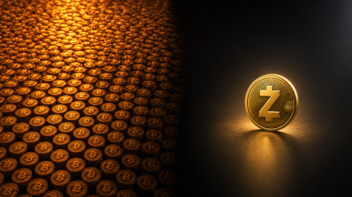A dense field of Bitcoin coins beside one spotlit Zcash coin in open space