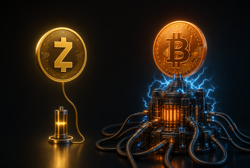 Zcash coin on a small energy cell beside a Bitcoin coin wired to a huge power core