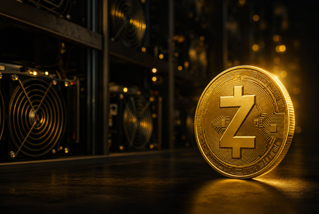 Golden Zcash coin in front of Bitcoin mining rigs under gold cinematic light