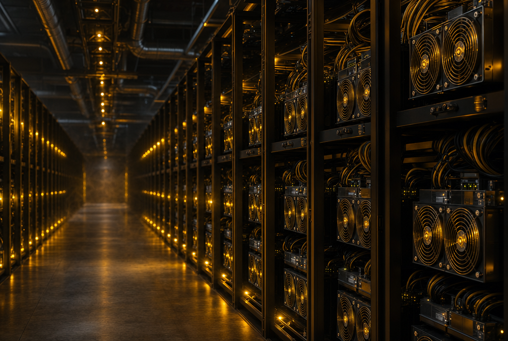 Rows of Zcash miners running inside a professional OneMiners hosting facility