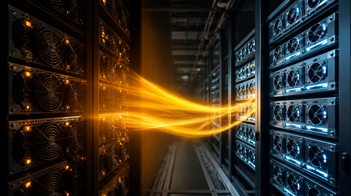 Convert Bitcoin ASIC to AI server - a rack of Bitcoin ASIC miners transforming into AI GPU servers