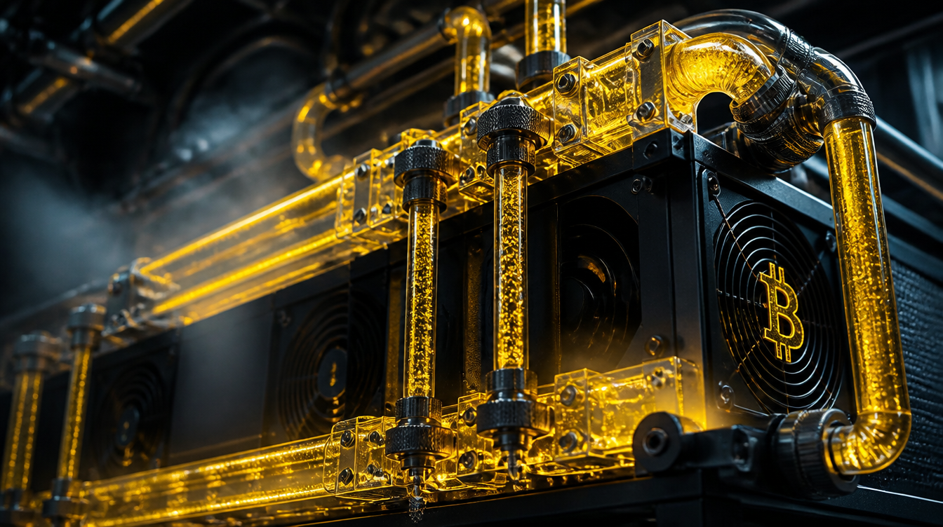 Hydro liquid-cooled Bitcoin miner with gold-lit coolant tubes - hydro vs air cooling efficiency