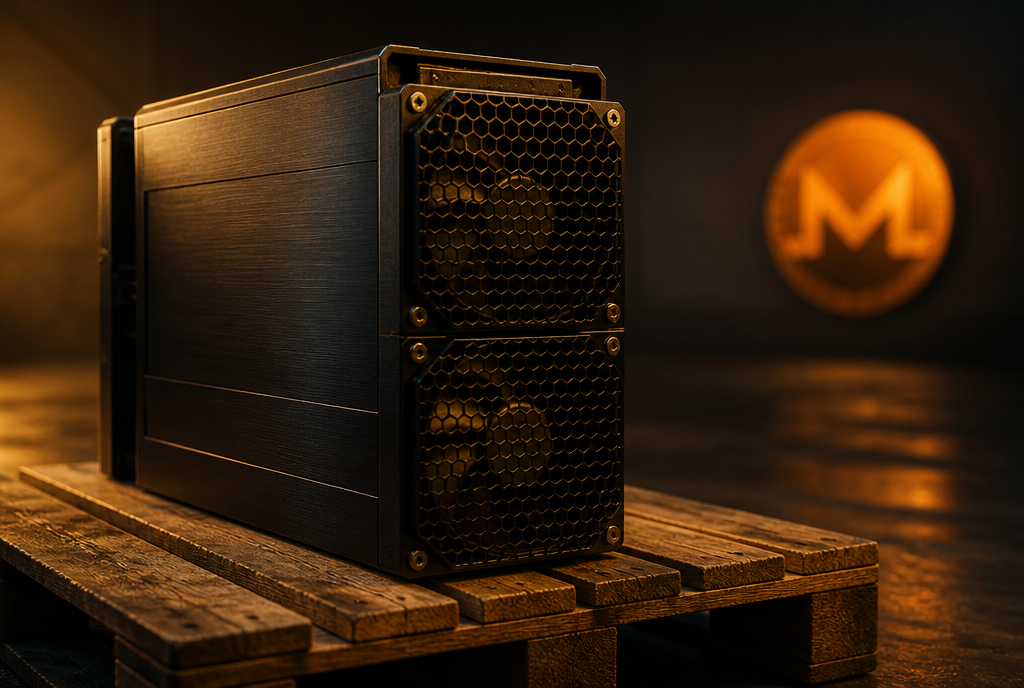 Antminer-style Monero RandomX ASIC miner on a shipping pallet with a glowing Monero coin behind it - Antminer X9 cancelled rumor
