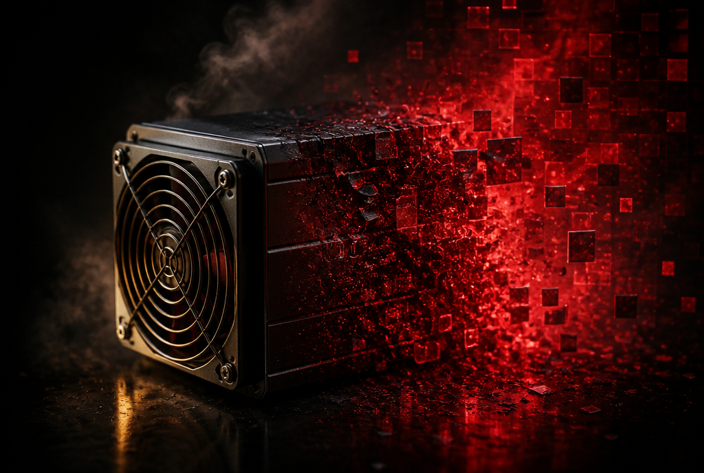 ASIC miner dissolving into red digital glitch fragments - a Monero hard-fork bricking mining hardware